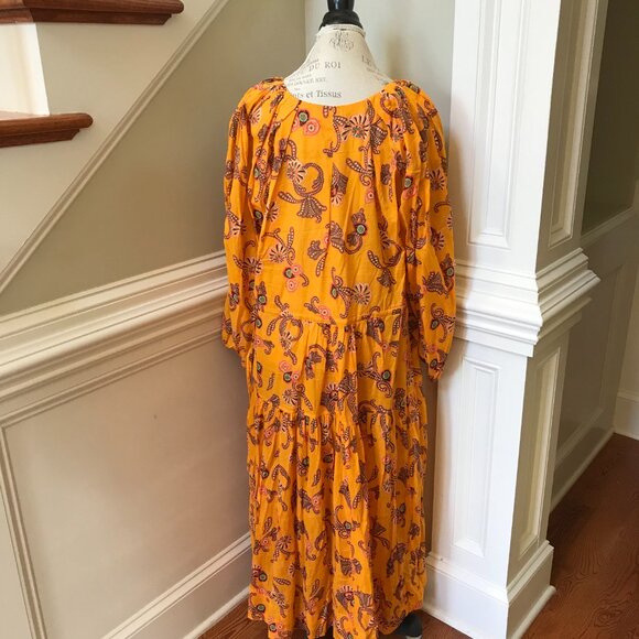 ALC Sayer Midi Dress Womens 14 Yellow Long Sleeve Print Cotton Voile V-Neck - Picture 11 of 13